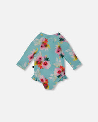 Printed One-Piece Rashguard With Frills Turquoise And Pink Flowers - G30NG70_057