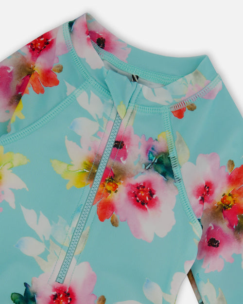 Printed One-Piece Rashguard With Frills Turquoise And Pink Flowers - G30NG70_057