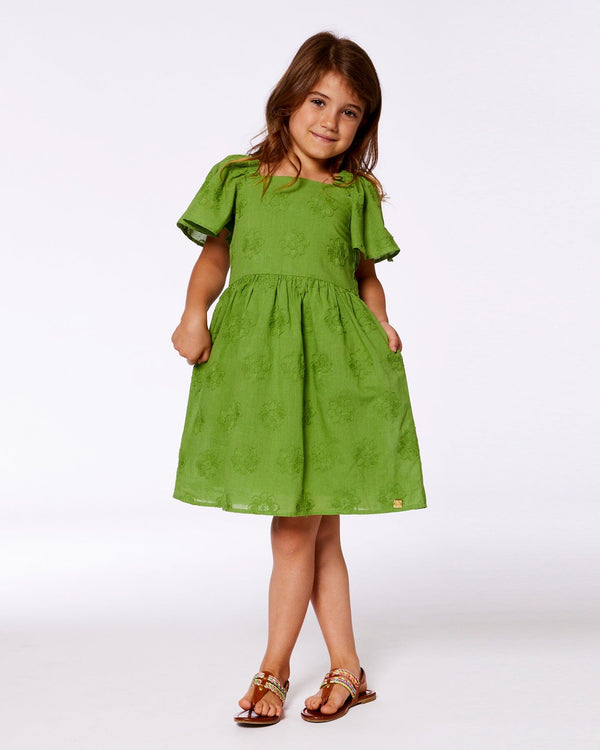 Frill Sleeve Dress With Embroidery Green - G30O88_300