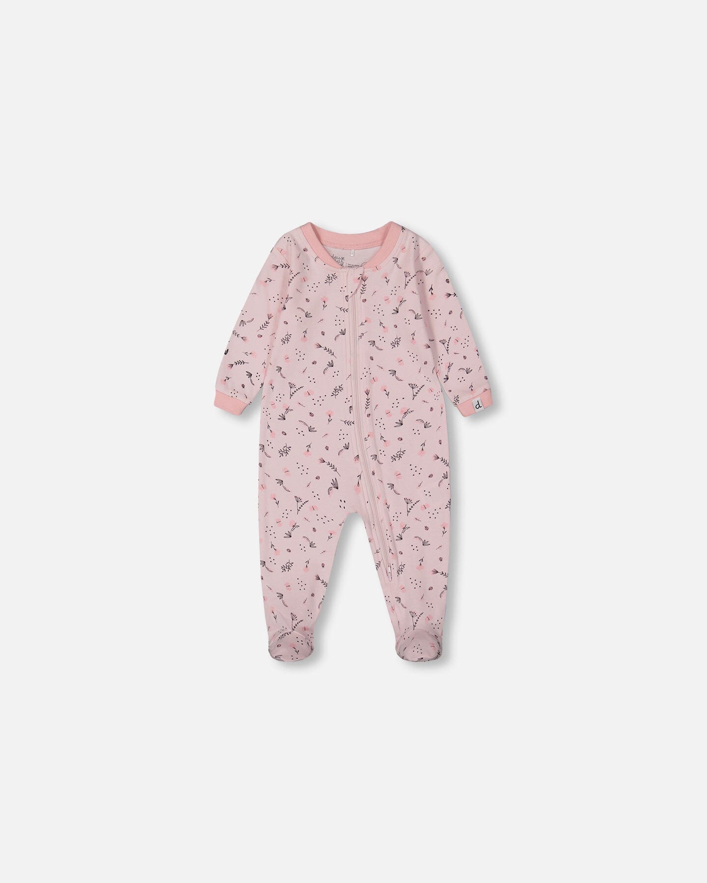 Printed Organic Cotton One-Piece Pajama Small Pink Flowers On Pale Pink Background - G30PA40_028