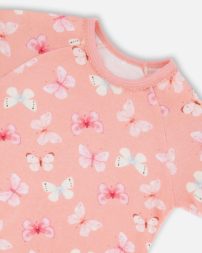 Organic Cotton Short Sleeve Top And Pant Pajama Set Pink And Blue Butterflies On Old Pink Pajamas Deux par Deux 