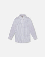 Long Sleeve Button Down Shirt Navy Blue Stripes - G30R15_484