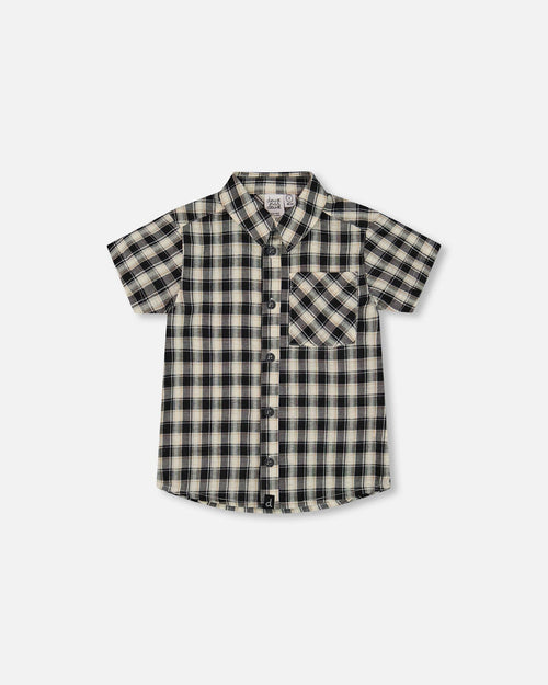 Short Sleeve Button Down Shirt Black And Beige Plaid Tees & Tops Deux par Deux 