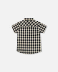 Short Sleeve Button Down Shirt Black And Beige Plaid - G30S15_088