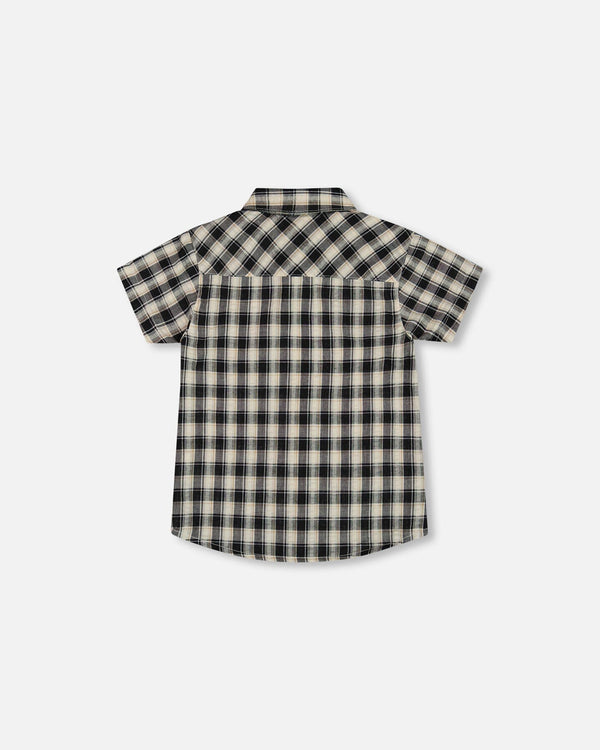 Short Sleeve Button Down Shirt Black And Beige Plaid - G30S15_088