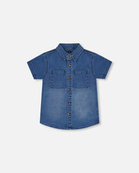 Short Sleeve Button Down Shirt Dark Denim Blue - G30S16_123