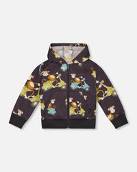 Printed French Terry Hooded Full Zip Cardigan Sweatshirt Monkey On Navy Moped - G30S30_087