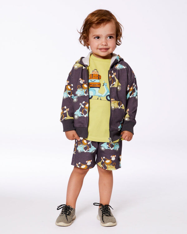 Printed French Terry Hooded Full Zip Cardigan Sweatshirt Monkey On Navy Moped - G30S30_087