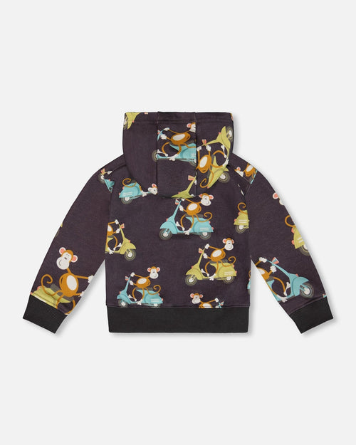 Printed French Terry Hooded Full Zip Cardigan Sweatshirt Monkey On Navy Moped - G30S30_087