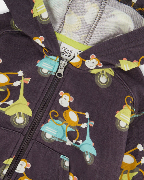 Printed French Terry Hooded Full Zip Cardigan Sweatshirt Monkey On Navy Moped - G30S30_087