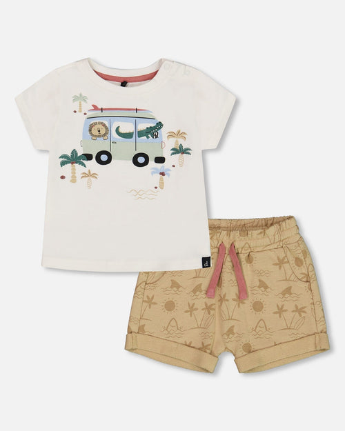 Short Sleeve Top And French Terry Short Set Beige With Palm Trees And Blue Truck - G30T10_084