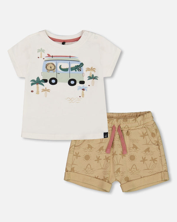 Short Sleeve Top And French Terry Short Set Beige With Palm Trees And Blue Truck - G30T10_084