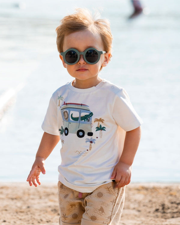 Short Sleeve Top And French Terry Short Set Beige With Palm Trees And Blue Truck - G30T10_084