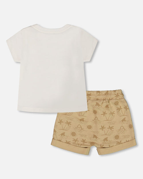 Short Sleeve Top And French Terry Short Set Beige With Palm Trees And Blue Truck - G30T10_084