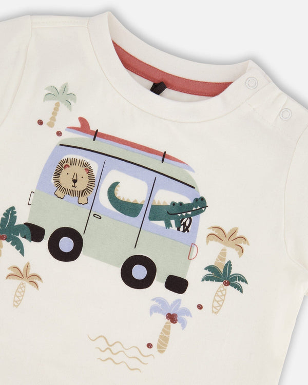 Short Sleeve Top And French Terry Short Set Beige With Palm Trees And Blue Truck - G30T10_084