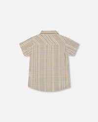 Short Sleeve Button Down Shirt Beige And Sage Plaid - G30T16_090