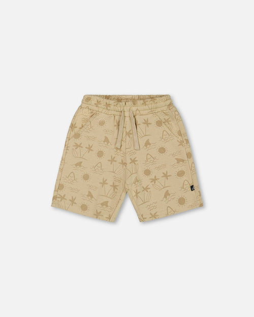 Printed French Terry Short Beige With Palm Trees - G30T27_084