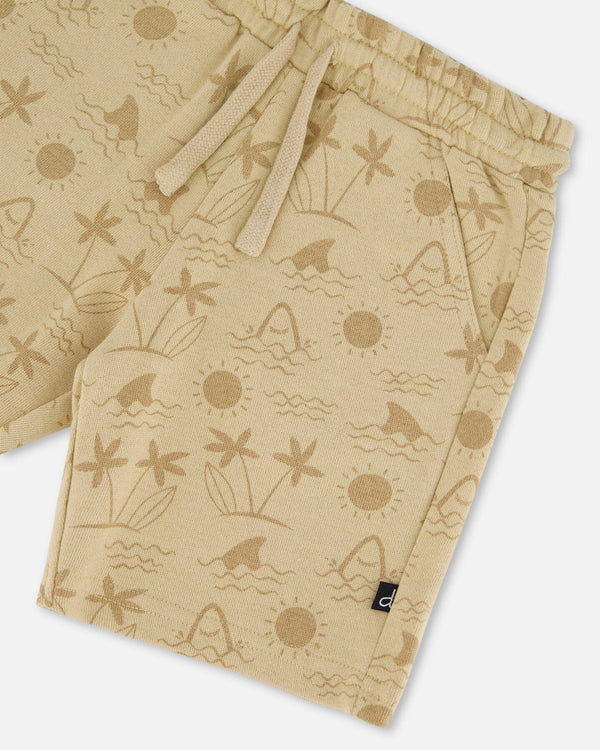 Printed French Terry Short Beige With Palm Trees - G30T27_084