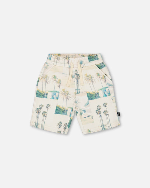 Printed French Terry Short Beige Palm Tree And Teal - G30T28_083