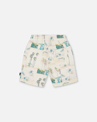 Printed French Terry Short Beige Palm Tree And Teal - G30T28_083