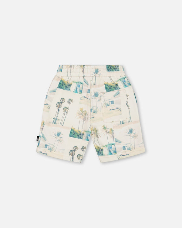 Printed French Terry Short Beige Palm Tree And Teal - G30T28_083