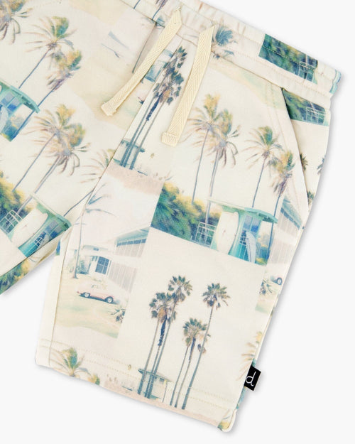 Printed French Terry Short Beige Palm Tree And Teal - G30T28_083