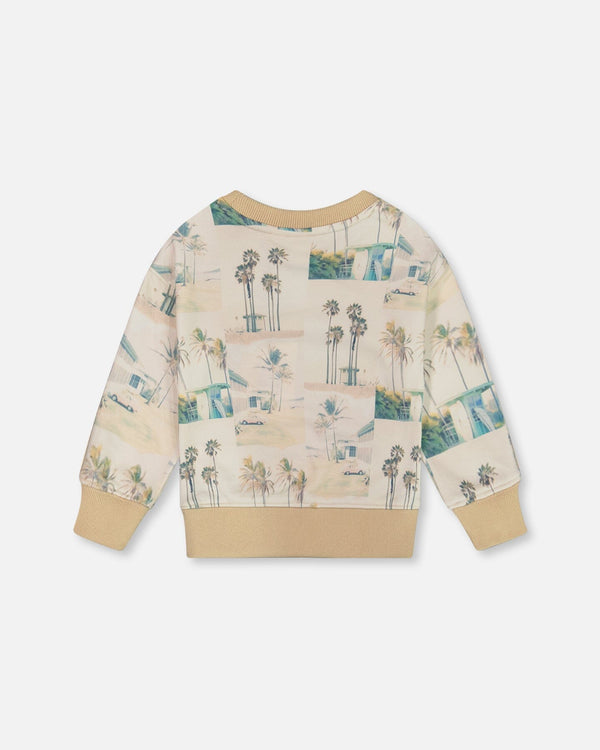 Printed Pullover Sweatshirt Beige Palm Tree And Teal - G30T30_083