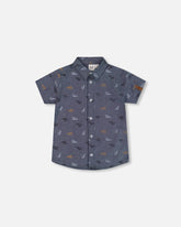 Printed Chambray Short Sleeve Shirt Gray, White And Tan