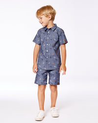 Printed Chambray Short Sleeve Shirt Gray, White And Tan - G30U15_033