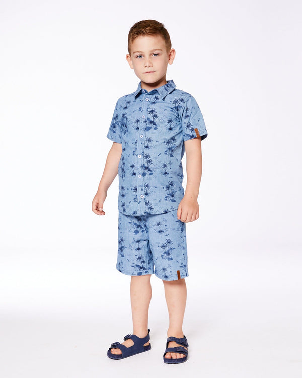 Printed Chambray Short Sleeve Shirt Pale Blue And Navy - G30U15_035