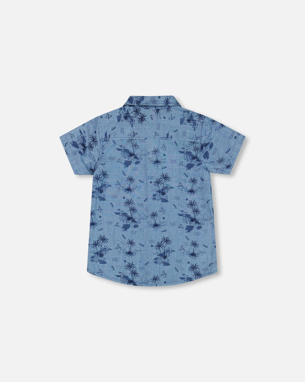 Printed Chambray Short Sleeve Shirt Pale Blue And Navy - G30U15_035