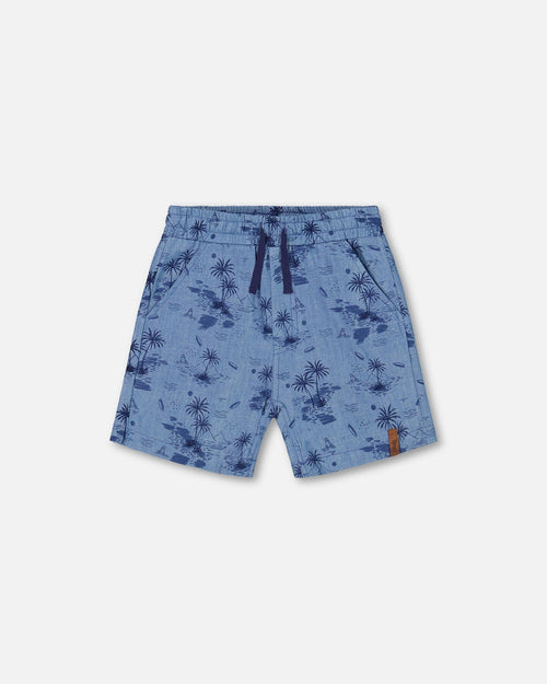 Printed Chambray Short Pale Blue And Navy Pants & Shorts Deux par Deux 