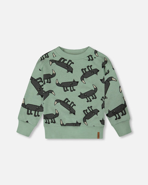 Printed Pullover French Terry Sweatshirt Gray Wolf On Teal Background - G30U30_158