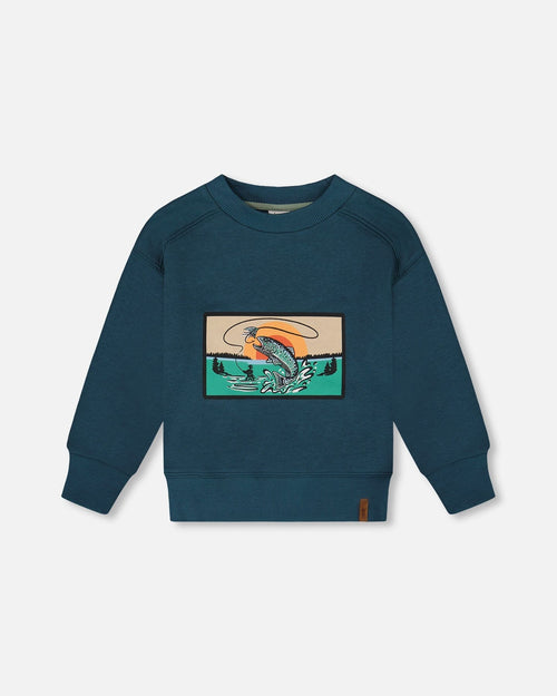 Pullover French Terry Graphic Sweatshirt Teal And Peach - G30U30_379