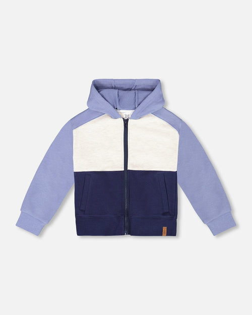 French Terry Color Block Full Zip Hoodie Sweatshirt Blue, Navy And Cream - G30U31_481