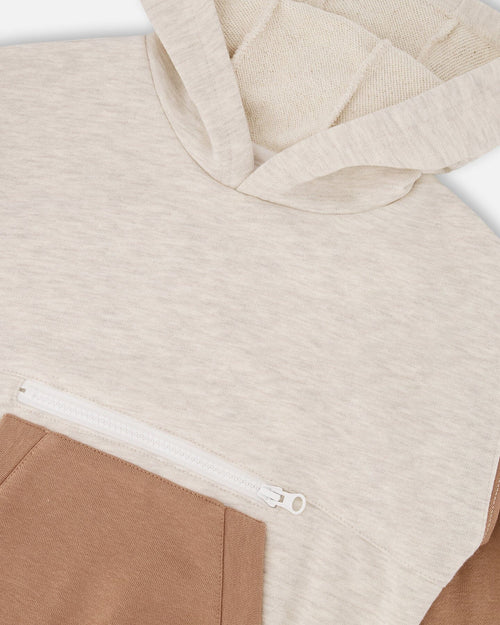 French Terry Color Block Pullover Hoodie Sweatshirt Beige And Off-White - G30U33_919