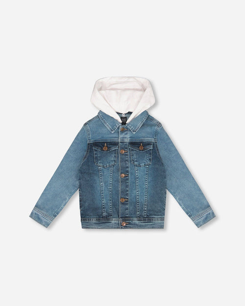 Denim Jacket With French Terry Hood White And Denim Blue Sweaters & Hoodies Deux par Deux 