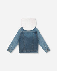 Denim Jacket With French Terry Hood White And Denim Blue Sweaters & Hoodies Deux par Deux 