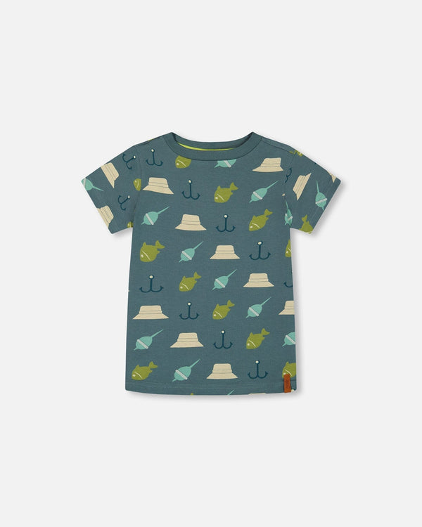 Printed Organic Cotton Tee Teal And Peach - G30U72_375