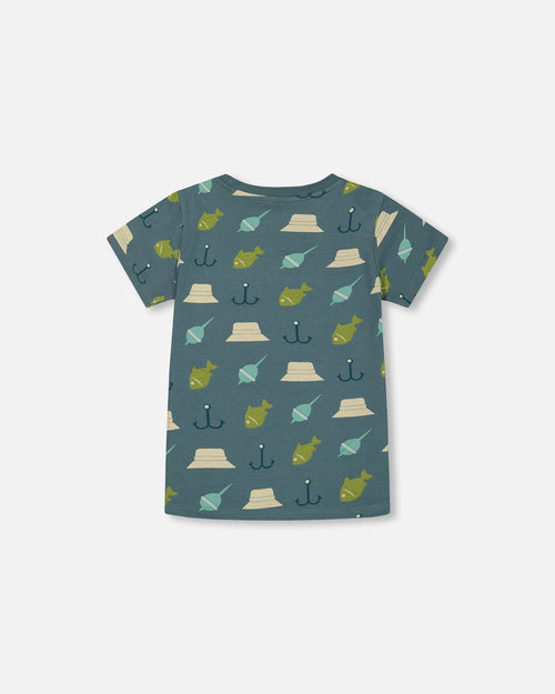 Printed Organic Cotton Tee Teal And Peach - G30U72_375