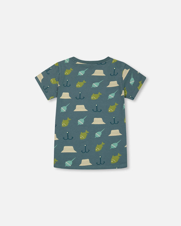 Printed Organic Cotton Tee Teal And Peach - G30U72_375