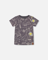 Printed Organic Cotton Tee Grayish Blue And Camping