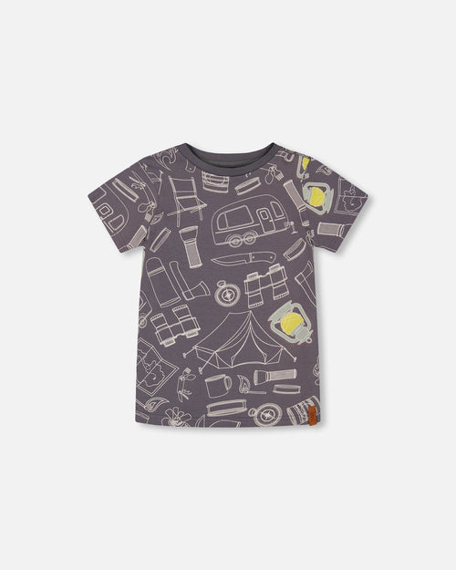 Printed Organic Cotton Tee Grayish Blue And Camping - G30U72_981