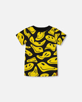 Printed Organic Cotton Tee Black And Yellow Smile