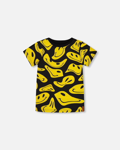 Printed Organic Cotton Tee Black And Yellow Smile - G30U73_999