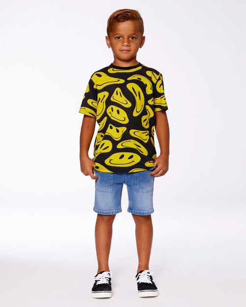 Printed Organic Cotton Tee Black And Yellow Smile - G30U73_999