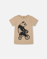 Organic Cotton Graphic Tee Black Panda On Beige Background