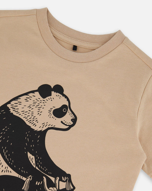 Organic Cotton Graphic Tee Black Panda On Beige Background - G30U75_109