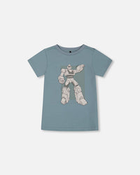 Organic Cotton Graphic Tee Grayish Teal And Robot - G30U78_478