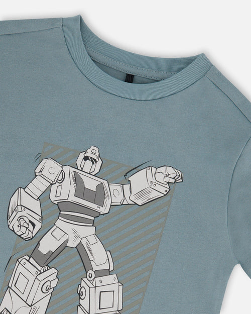 Organic Cotton Graphic Tee Grayish Teal And Robot - G30U78_478